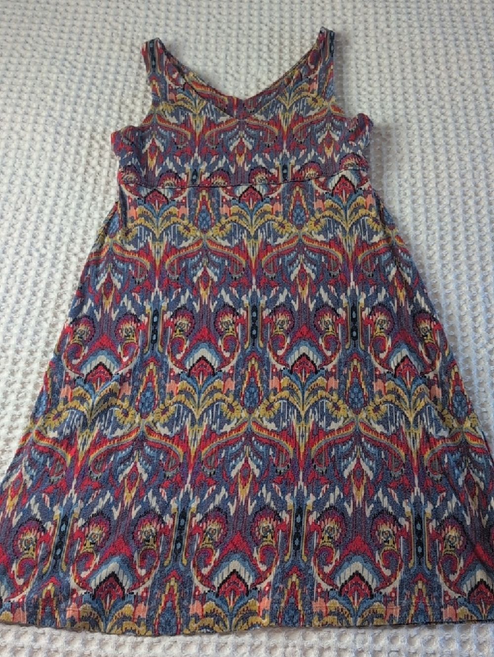 Athleta Multicolor V-Neck Midi Dress in Blue, Red & Yellow